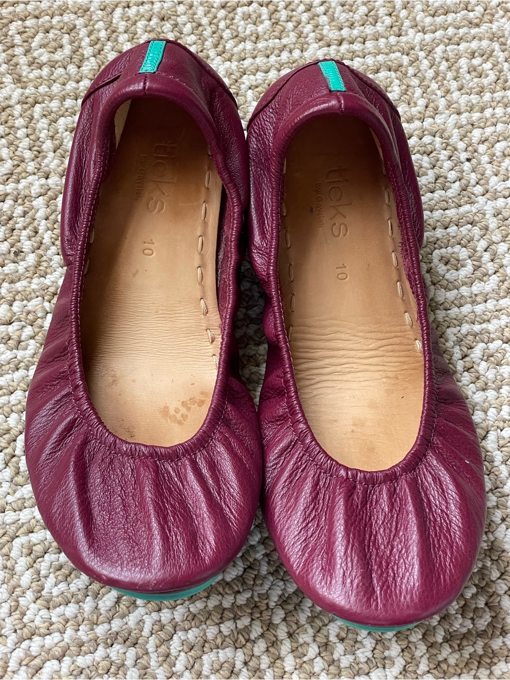 Tieks Women's Burgundy Leather Ballet Flats with Teal Heel Tab